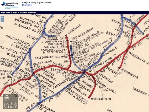 General arrangement of railways in the area from Airey's railway map, c.1875. The Benhar oil works (then known as Caledonian oil works, were served by both the Caledonian and North British railway companies.