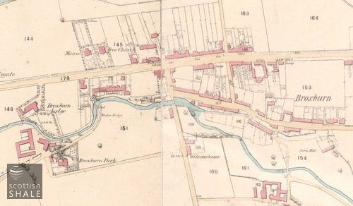 25" OS map c.1854, courtesy National Library of Scotland. The bone works were described to be off Main St, near the centre of Broxburn and south of the Turnpike road. The machinery seems to have been steam powered so no need for a burnside site. Can anyone pinpoint the site of the bone works?