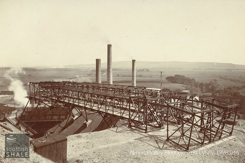 The terminus station of Oakbank bing, showing storage bin and retorts below.