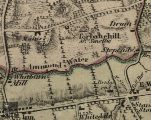 Torbanehill house and its "extensive prospect" south to the Almond, and its garden to the north. From Forest's map of the Lothians, published 1819, courtesy National Library of Scotland